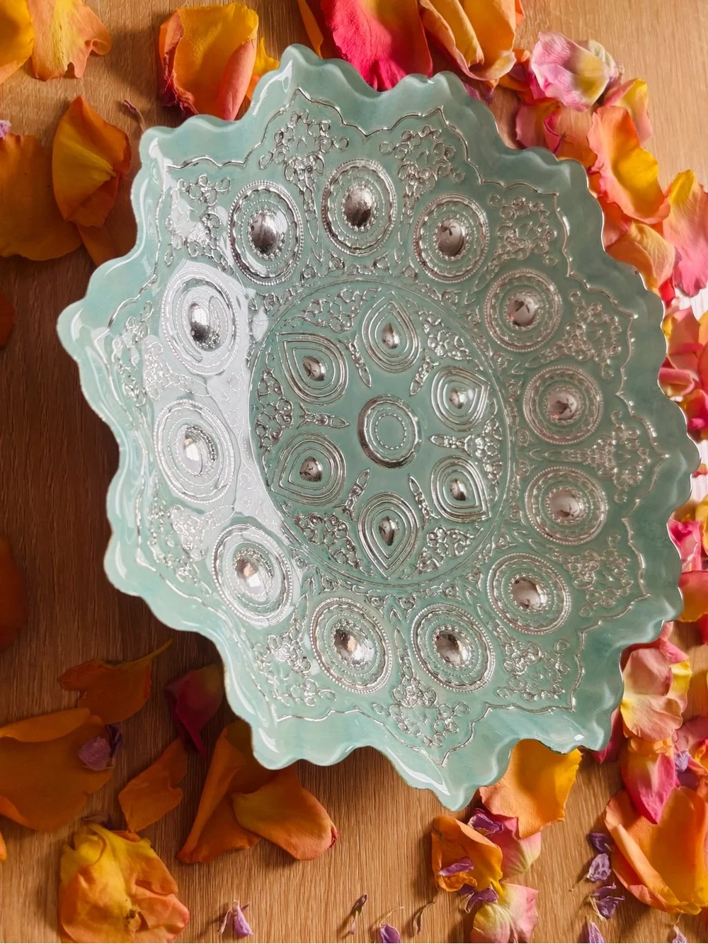 Mandala Style Glass celebration Bowl Boho ocean blue seafoam & Gold